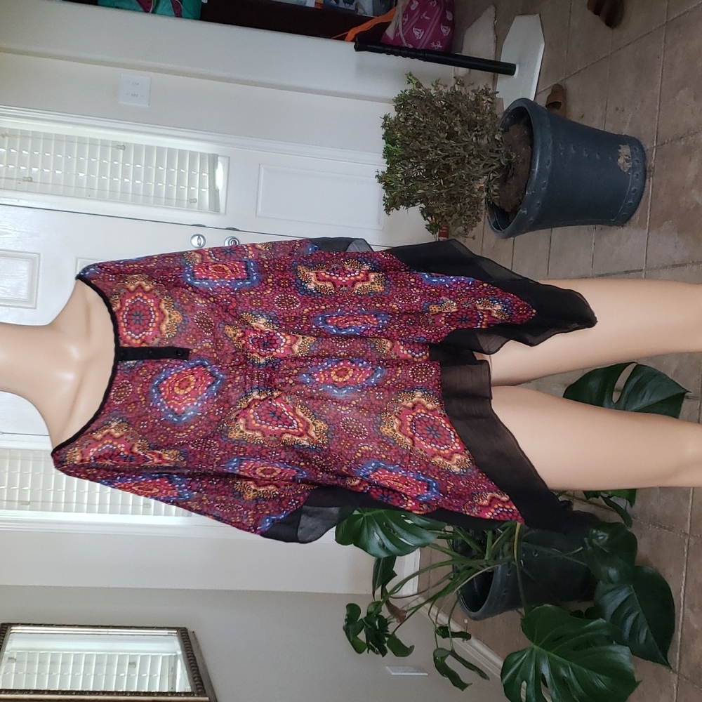 Olsenboye L sheer abstract floral black lining batwing trapeze smock pan…